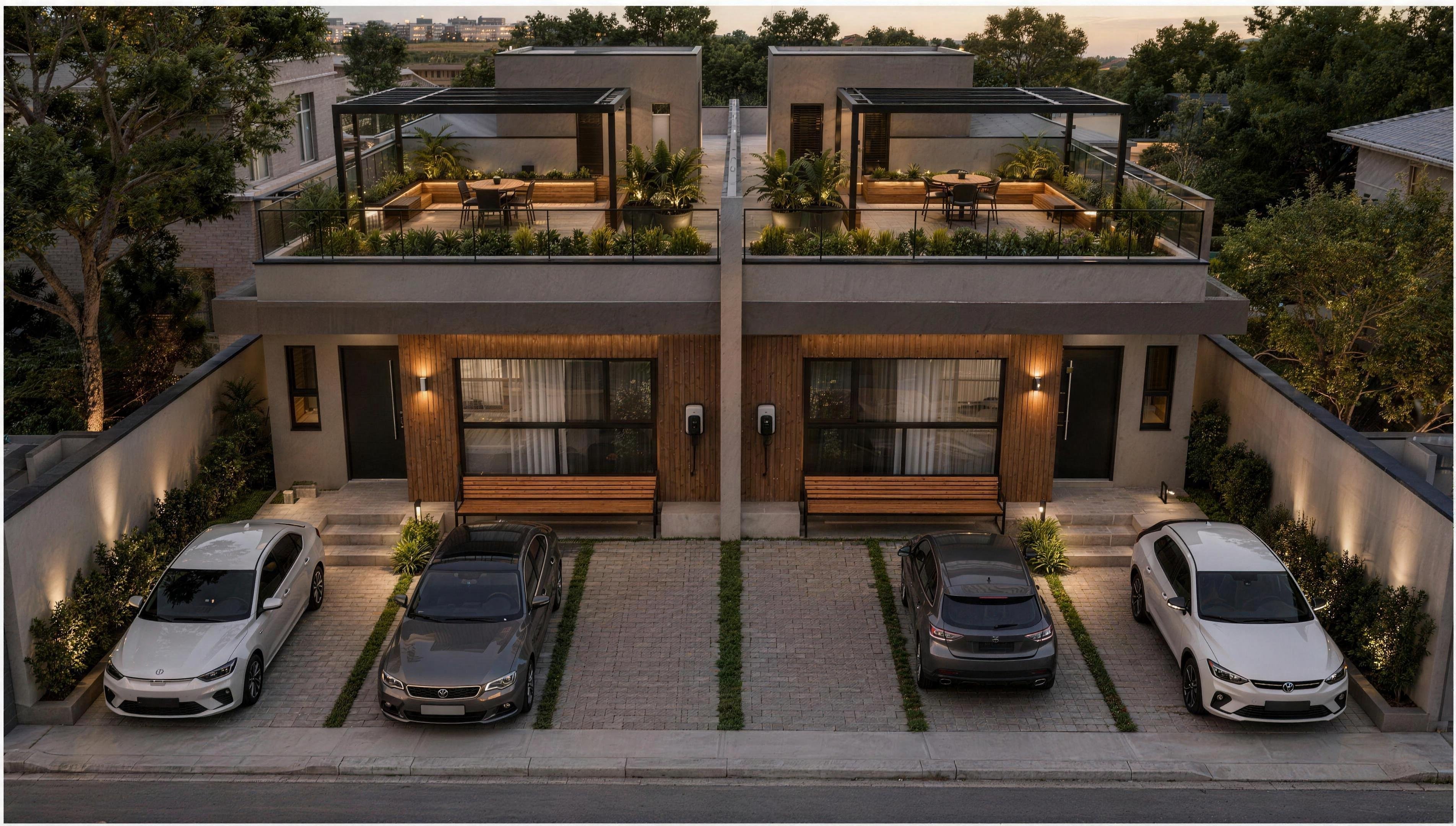 Rendal facade at night, with a lit rooftop leisure deck and wood slat cladding